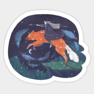 SILVER FEATHER FOX warrior girl riding a fox Transparent Background Sticker